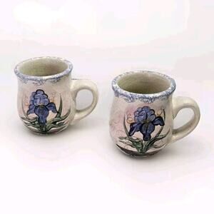 Lot Of 2 Coffee Mug Iris Flowers Blue Cup Studio Pottery Signed CC Mugs Cups